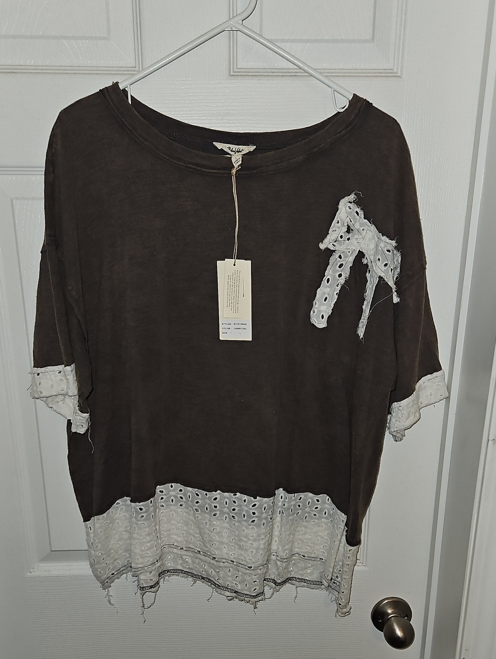 Blue Velvet Washed Charcoal Short Sleeve Top with White Eyelet Trim